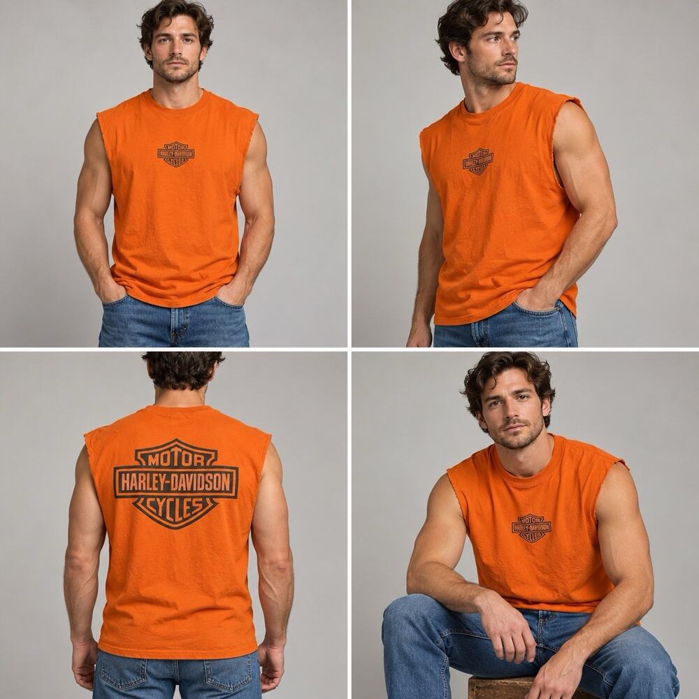 Harley Davidson Shirt Mens XL Orange Sleeveless Cutoff Bar Shield Graphic
